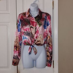 Banjul Leopard fern jungle print front tie long sleeve cropped top Sz M